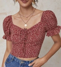 SHEIN Womens Red Floral Smocked Cut Out Tie Front Crop Top Bohemian NWOT Large