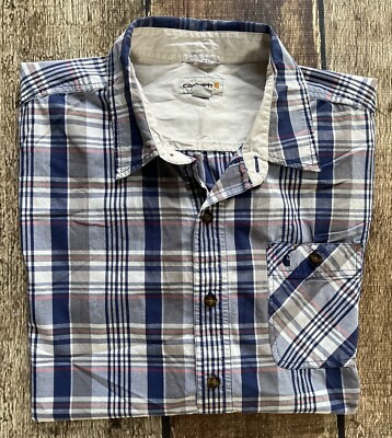 CARHARTT SLIM FIT SHORT SLEEVE PLAID SHIRT BLUE MULTI MENS 2XL GREAT