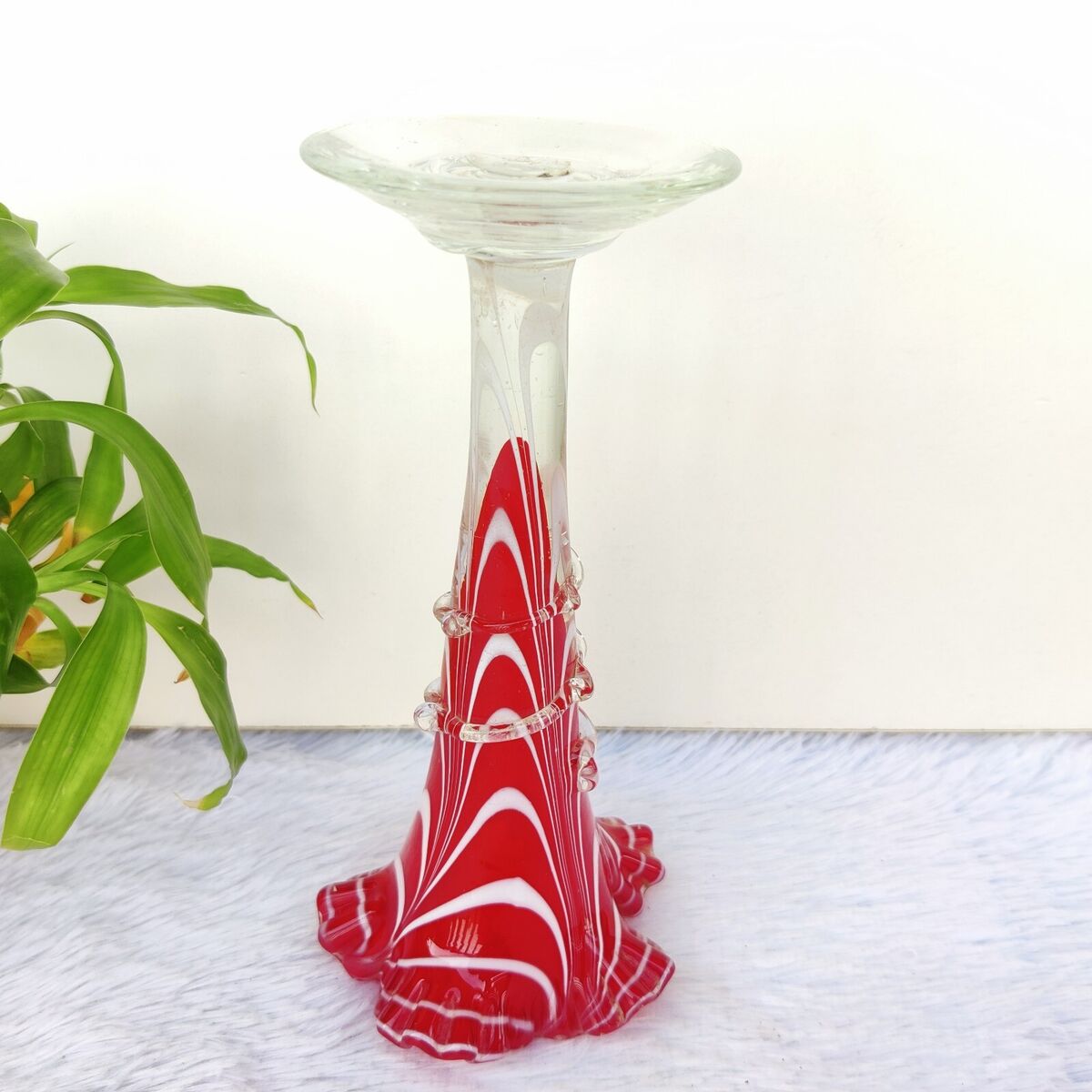 Vintage Flower Vase Red White Swirl Glass Handmade Pontil