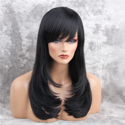 Blesiya Natural Women Black Long Straight Side Bangs Hair Wig