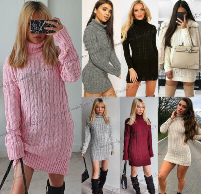 Damen Klobig Kabel gestrickt hoher Rollausschnitt langer Bodycon Pullover Kleid Top
