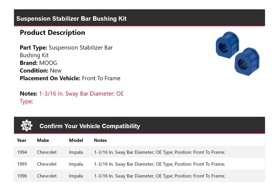 Kit de bucha barra estabilizadora suspensão Chevrolet Impala 1994-1996 MOOG 1994 - Imagem 2 de 4