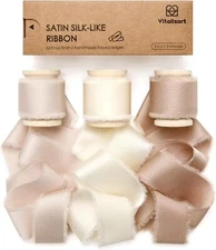 Silk Satin Ribbon 1 Inch x 15 Yard Wooden Spool Champagne & Nude Handmade Frayed