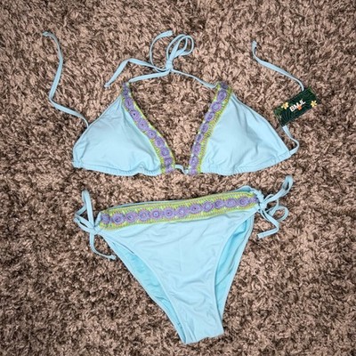 BMJL Bikini Swimsuit Womens Medium Light Blue Crochet Trim Adjustable 2 Piece