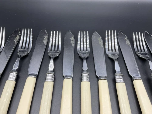 Vintage 12 Piece Faux Bone Handle Fish Cutlery Set - Chrome Plated - Picture 4 of 8