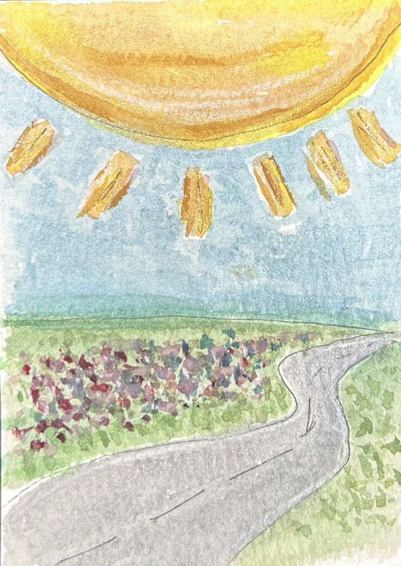 ACEO Big Sunshine Floral Country Road Watercolor Original Art