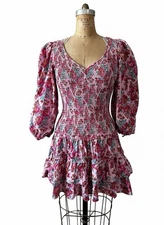 Love The Label Audrey Mini Dress Floral Pink Sz M Coquette Smocked Neck Balloon