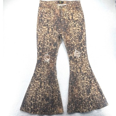 Leopard Flare Major Bellbottom Sequin Jeans 16 Brown Pants Western Hippie Boho