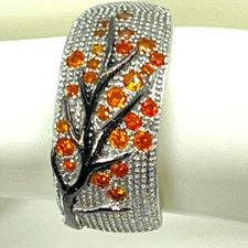 Ring Silver Tone Band w/ Orange Crystals on Tree of Life Design Size 6