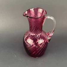 Glass Cranberry Swirl Optic Rib Hand Blown Glass Pitcher Clear Handle 7”