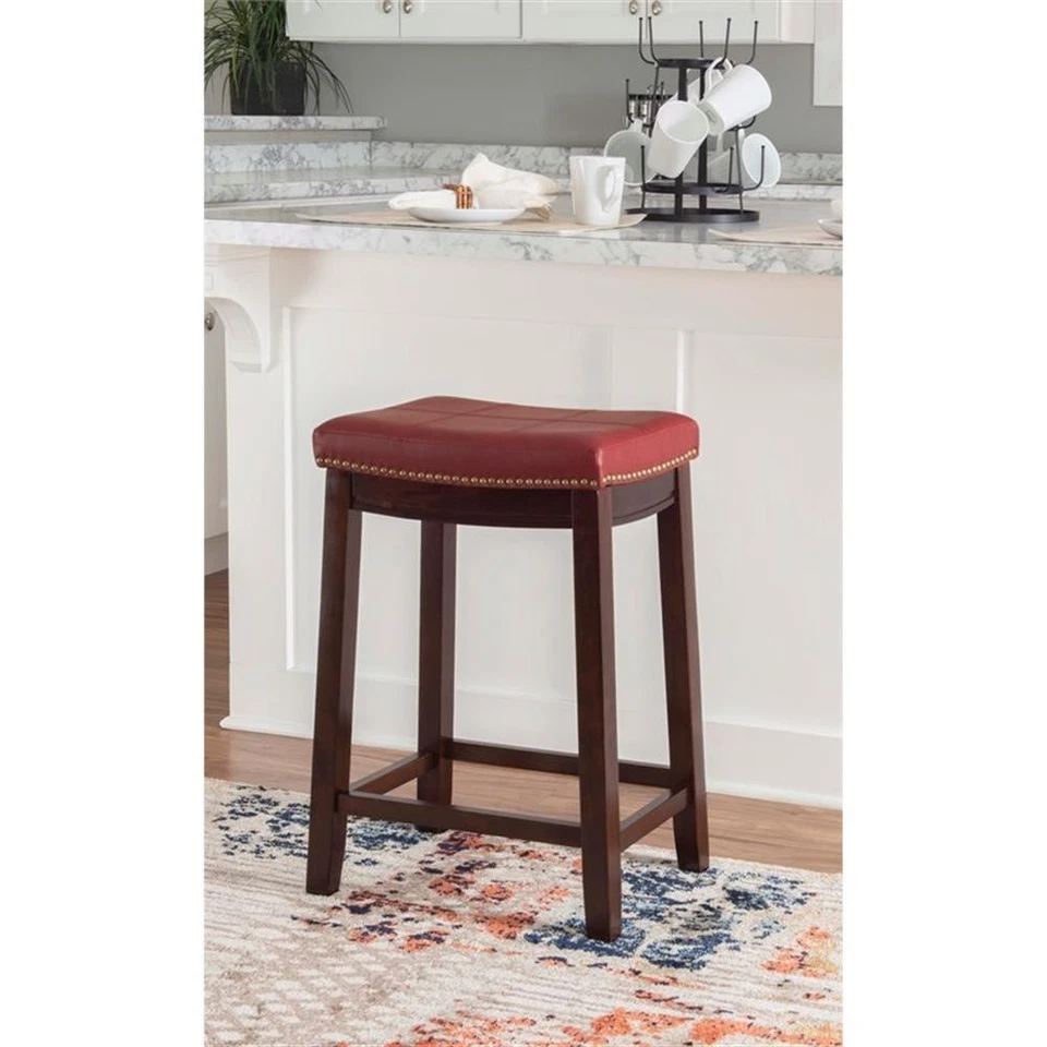 Linon Claridge Backless Counter Stool Red Faux Leather Wood Frame in Dark Brown - Image 3 of 4