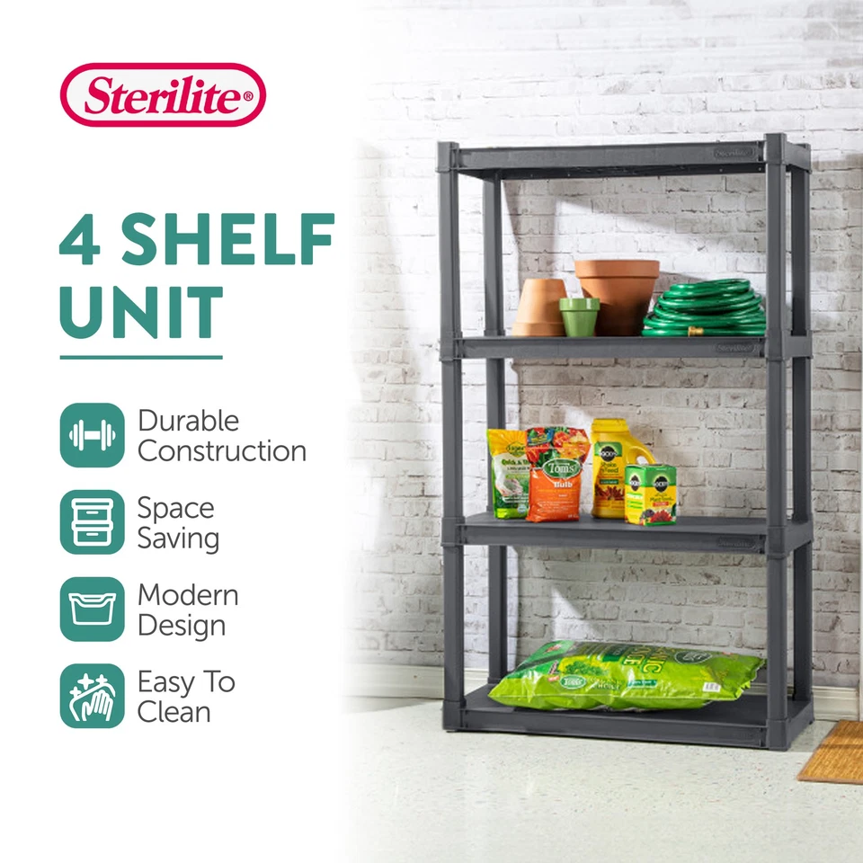 Sterilite 4 Shelf Unit Heavy Duty & Easy to Assemble Plastic Storage Unit, Gray - Image 4 of 4