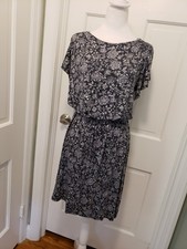 Loft Gray & Purple Floral Print Soft Drawstring Waist Stretch Dress Size Med.