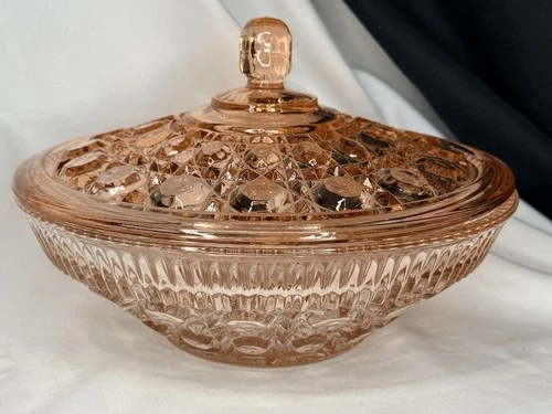 Vintage Pink Indiana Depression Glass Candy Dish With Lid Diamond Pattern USA