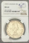 1959 Canada $1 Silver–NGC MS62–Voyageur Dollar
