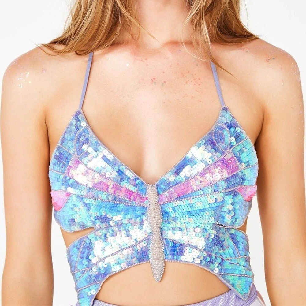 Sequin Butterfly Crop Top Belly Dance Festival Rave Club Sexy Halter Bra  Tops US