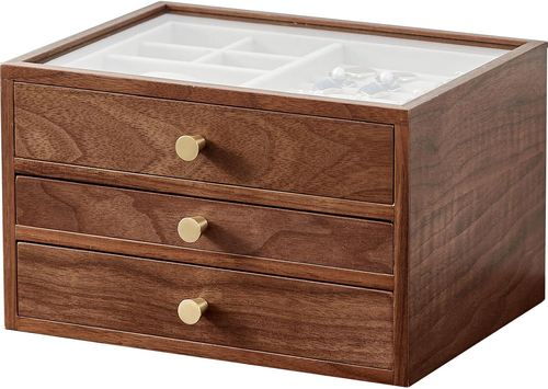 Black Walnut Wooden Jewelry Box for Women, 3-Layer Wood Jewelry Organizer with G