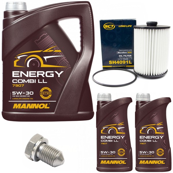 MotoröL Set Mannol Energy 5W-30 7 Liter + ÖLfilter + Schraube FüR VW Touareg 3.6-image