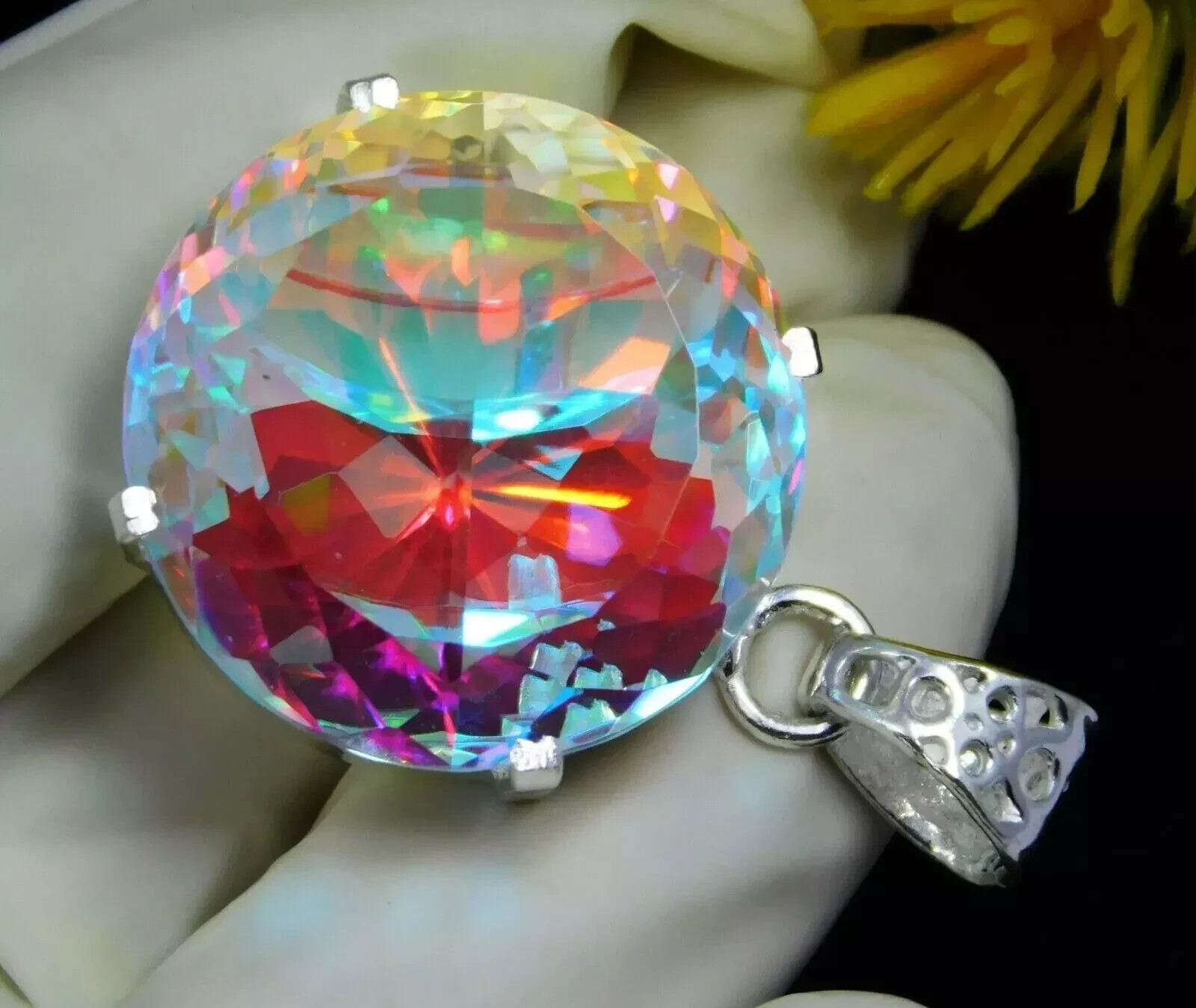 51.55 Ct Natural Mystic Rainbow Round Pendant in 925 Silver Loose A+ Gemstone