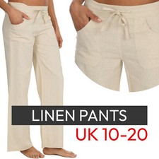 Ladies Linen Summer Long Pants Longline Chino Comfy Trousers Holiday Beach 10-20