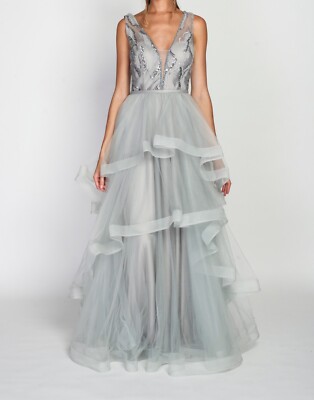 langes Kleid Zeremonie Hochzeit grau Rüschen Größe 34 XS Cocktail Ball Promo