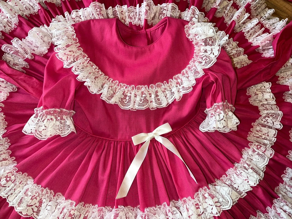 Vintage Pageant Size 4T Kathleen Scott Hot Pink Dress Lace Ruffles Full Circle - Image 4 of 4