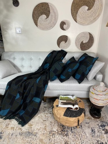 Fana Blue Handmade Mudcloth Segou Blanket Bogolan Textile Bedsheet Boho Decor - Picture 9 of 9