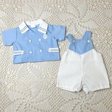 Vintage 1980s Mothercare Baby Boy 3-6 Months Nautical Top Shortalls Summer Set