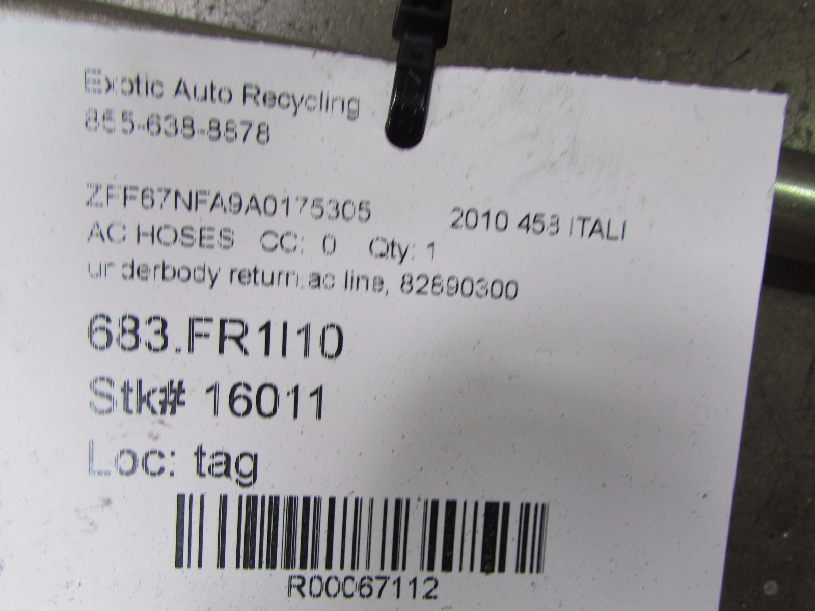 Ferrari 458 Italia, Underbody AC Return Line Hose, Used, P/N 82890300