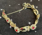 VTG.  Costume Jewelry Gold Tone Bracelet w/Clear & Red Stones 7"Missing 4 Stones