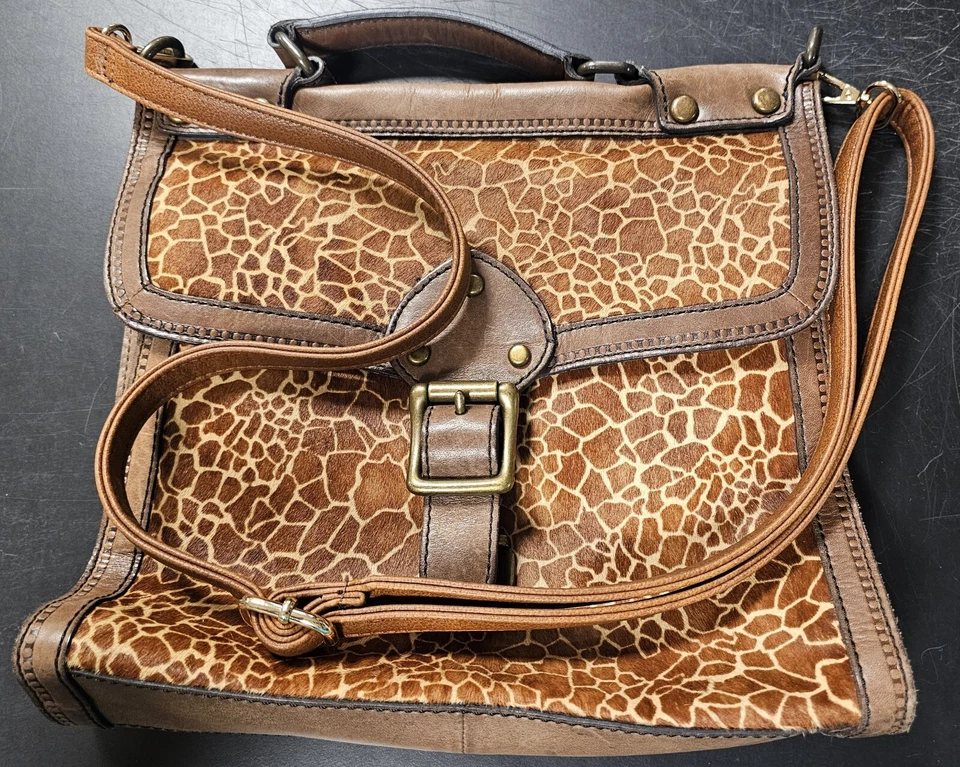 Fossil Womens Brown Leather Giraffe Print Satchel/ Top Handle Bag - missing fob
