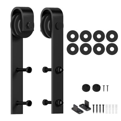 Sliding Barn Door Hardware Roller Set Black J Shape Hanger Smooth Quiet Roll