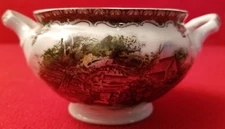 ANTIQUE ENGLISH  PORCELAIN DOUBLE HANDLED SUGAR BOWL - PICTURE OF COUNTRY HOME