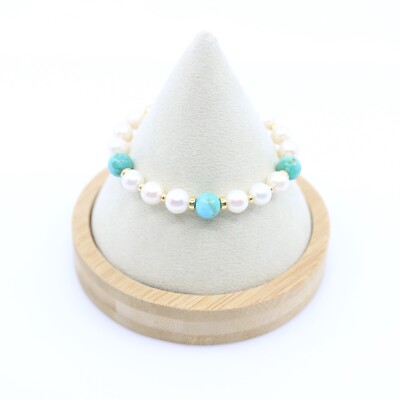 8mm Round Pearl & Kingman Turquoise Gold Fill Bracelet, Designer Jewelry