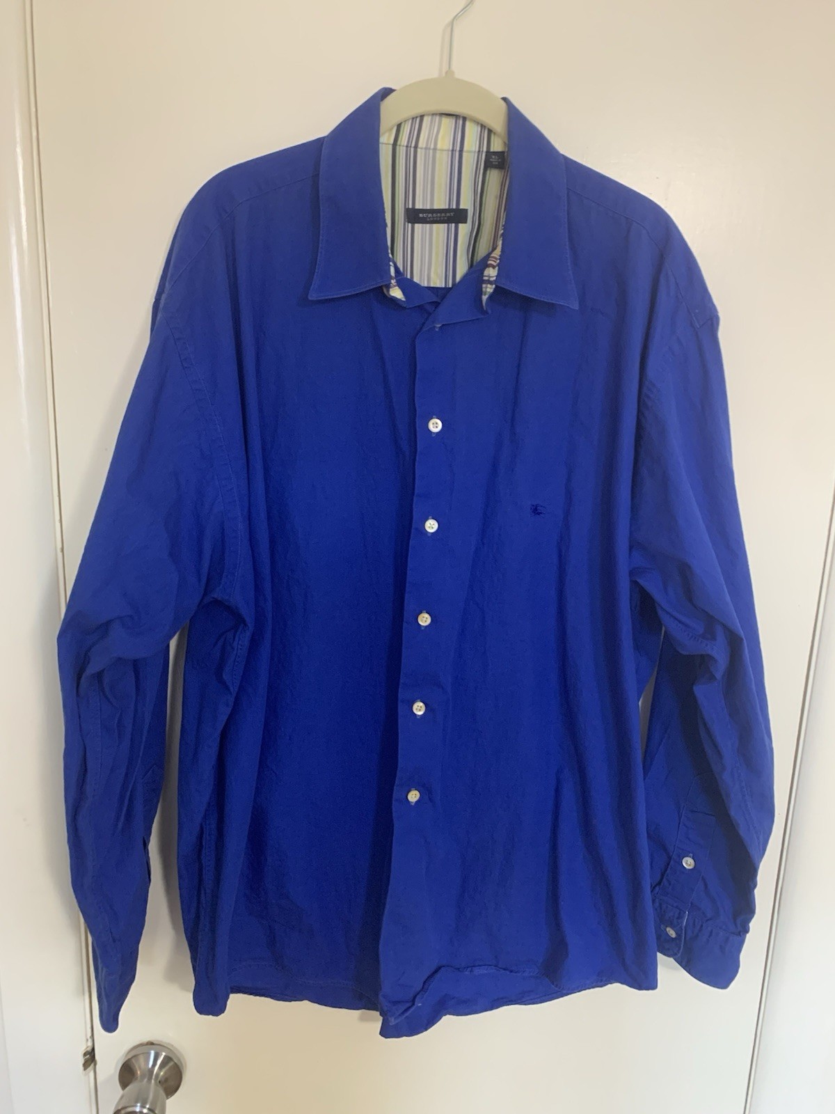 Burberry London Men's XL Royal Blue Button Up Cotton Shirt Striped Flip Cuff USA