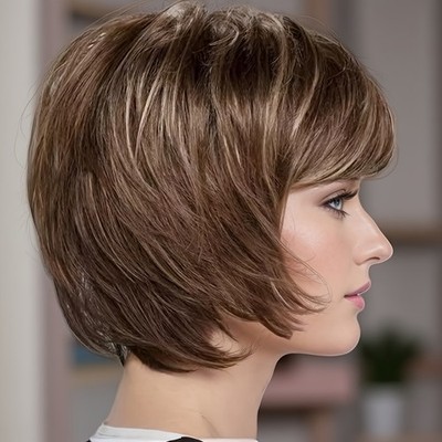 Elegant Women's Short Straight Wig with Bangs Layered Bob Wig for Daily Parties