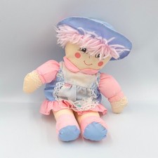 Ancienne poupée chiffon robe rose bleu tablier blanc pois - 36628