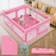 Large Baby Playpen with Mat - Soft Mesh Safety Yard for Toddlers, Pink