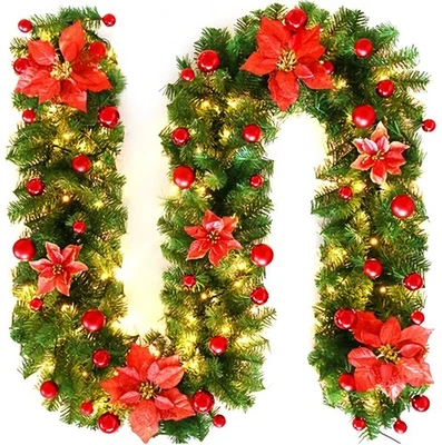9FT Christmas Garland Decorations Fireplace Stair Artificial Wreath Bushy Pine