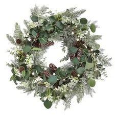24" Christmas Wreath with Pine Cones White Berries, Winter Eucalyptus 