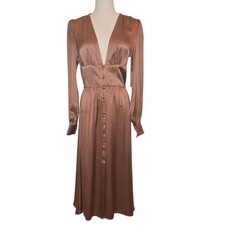 NWT Reformation Nicola Silk Dress Sz 6 Long Sleeve V Neck Midi Peasant Praline