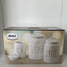 Parini 3 pc Ceramic Kitchen Canister Set Sugar Coffee Tea White