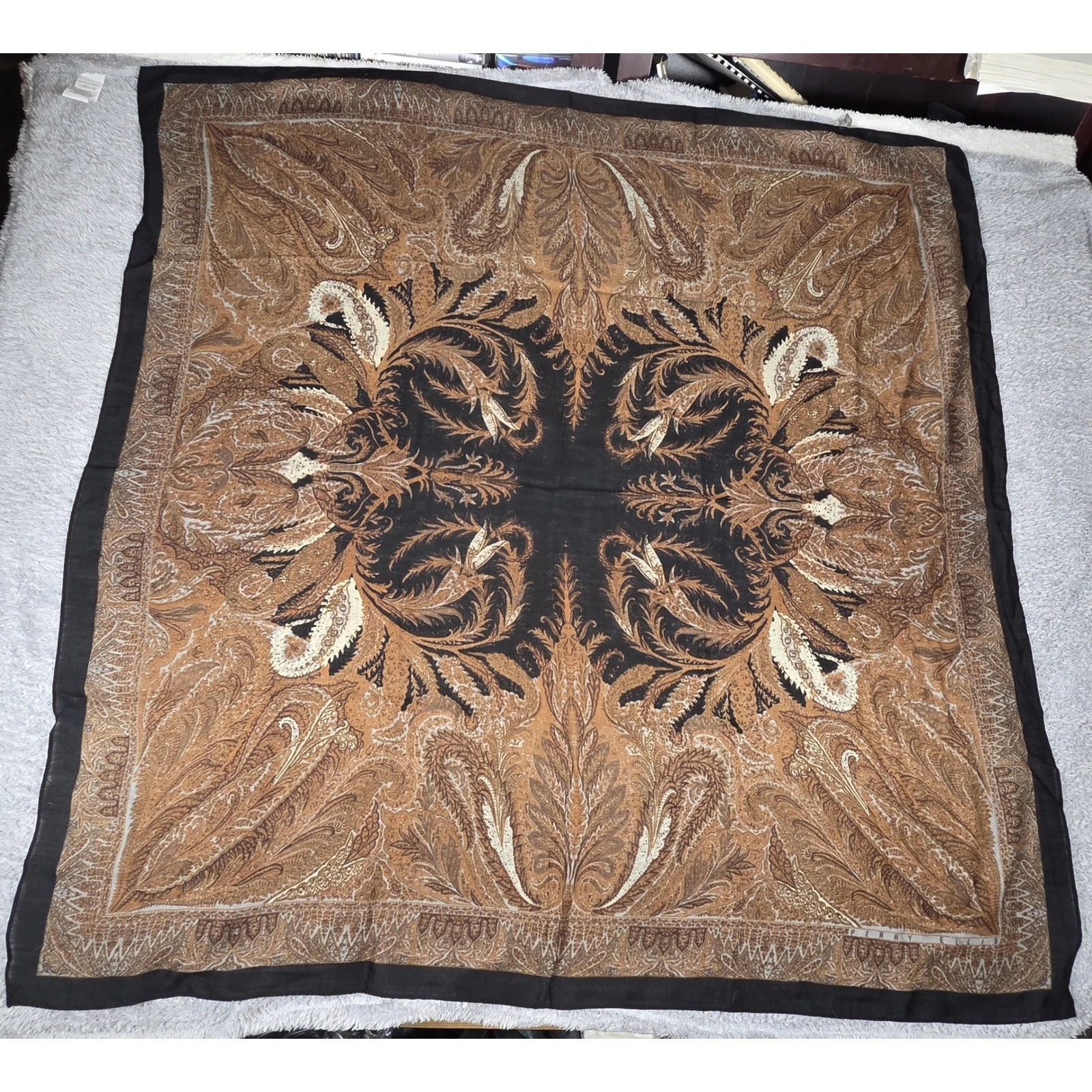 Perry Ellis Scarf Womens OS Brown Paisley 100% Wool Square Vintage Made in Japan