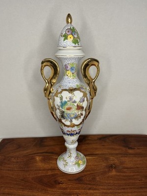Vintage Porcelain Gilt Floral Urn Amphora Vase, Flowers with Raised Blue Dots
