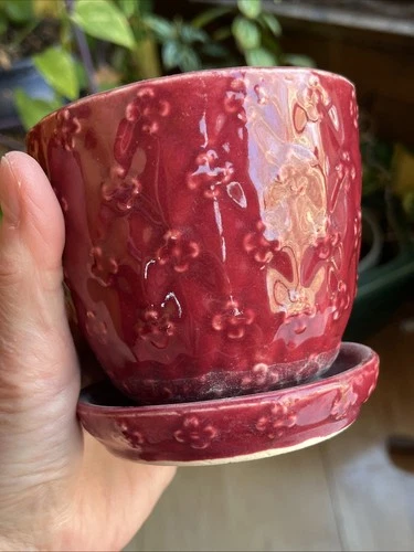 Vintage Shawnee Art Pottery Maroon Quilted Daisy Flowerpot Planter Saucer USA