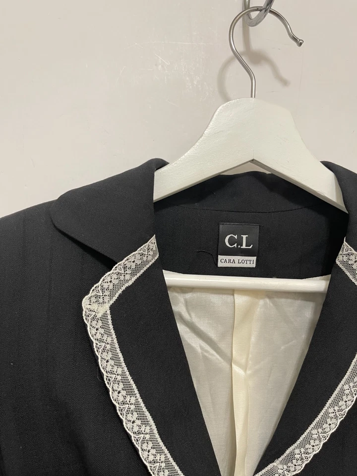 CARA LOTTI черный белый парижский кружевной оверлей жемчуг кнопки 38 шерсти блейзер Франция - Изображение 3 из 4