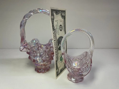 Fenton Art Glass  ~ 2 Small (Miniature) Pink Iridescent Baskets