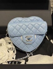 Auth Chanel Heart Shape Crossbody Bag Baby Blue Lambskin Leather Quilted Chain