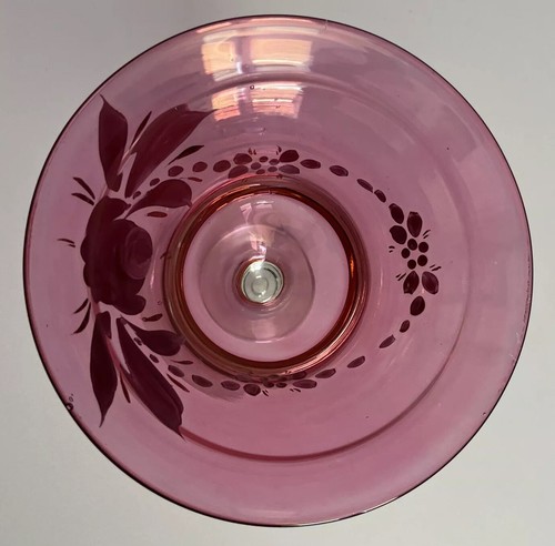 Vtg Hand Painted Cranberry Glass Footed Bowl Floral 6.5” x 6.75” diameter - Picture 6 of 15
