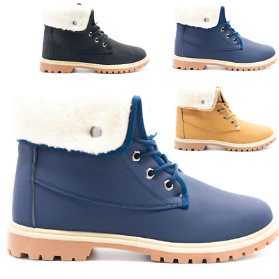 Women' Ladies Flat Fur Lined Grip Sole Winter Army Combat Ankle Boots Shoes UK